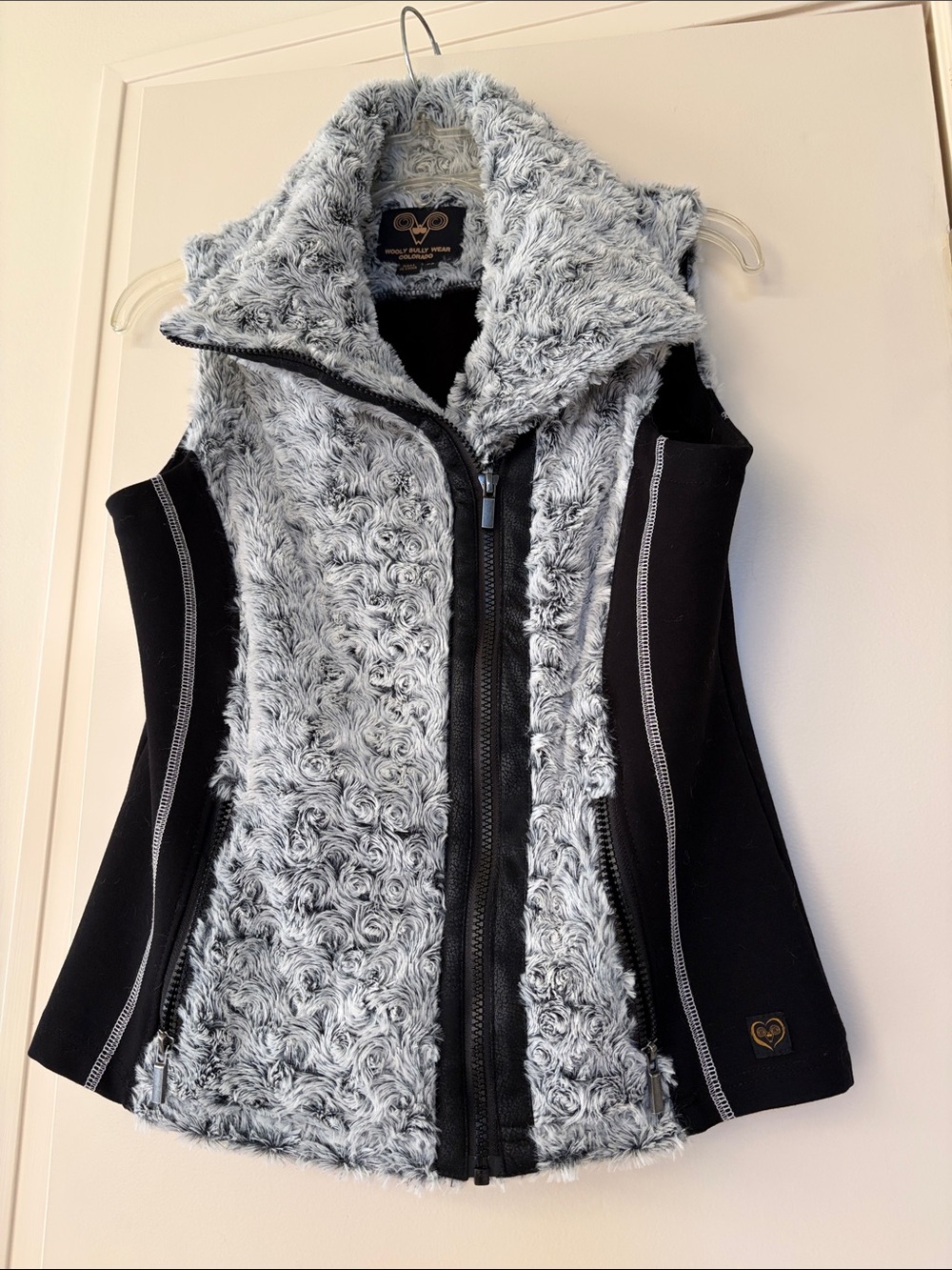 Black and Gray Faux Fur Zip-Up Vest